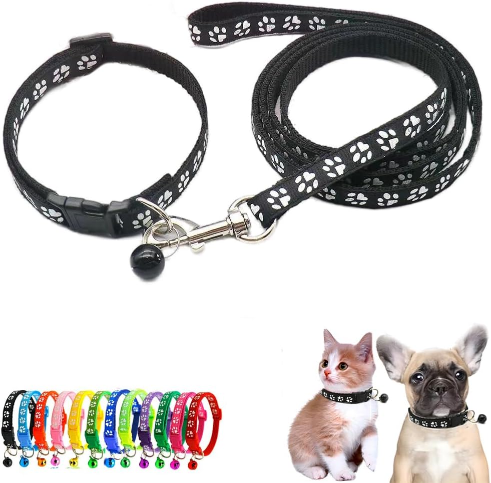 Black Dog Collar with Bell Leash Set, Nylon Basic Reflective Small Dog Collar Boy Paw Print for XXS Xs S Dog Kitten Pet Animal Tiny