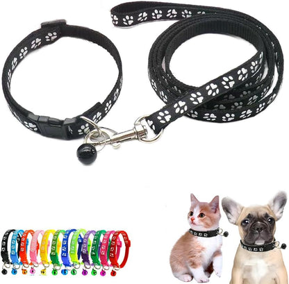 Black Dog Collar with Bell Leash Set, Nylon Basic Reflective Small Dog Collar Boy Paw Print for XXS Xs S Dog Kitten Pet Animal Tiny