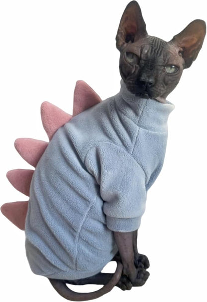 Dinosaur Sphynx Cat Clothes, Soft Polar Fleece Sweater for Cat, Elastic Pet Clothes Thick Winter Warm Outfit for Hairless Cat, Devon, Cornish, Small Dogs Apparel with Sleeves (Sky Blue, XX-Large)