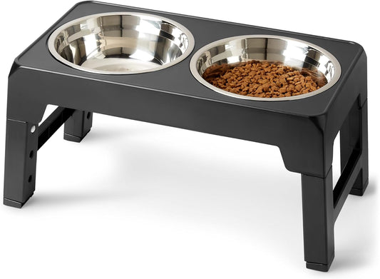 Amazon Basics Elevated Dog Bowls Stand, Height Adjustable Raised Bowl, Stainless Steel Bowls, Non-Slip, Pet Feeder Dish Station, 17.3 x 9.4 x 12 in, Black