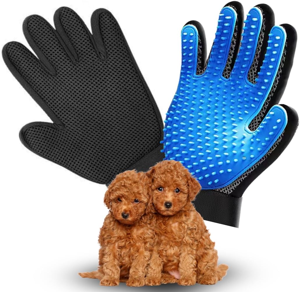 Pet Grooming Gloves for Dogs & Cats (2 Pack) – Deshedding Hair Remover Mitts with Soft Silicone Massage Bristles – Dual-Sided Grooming & Bathing Gloves for Long & Short Hair Pets –