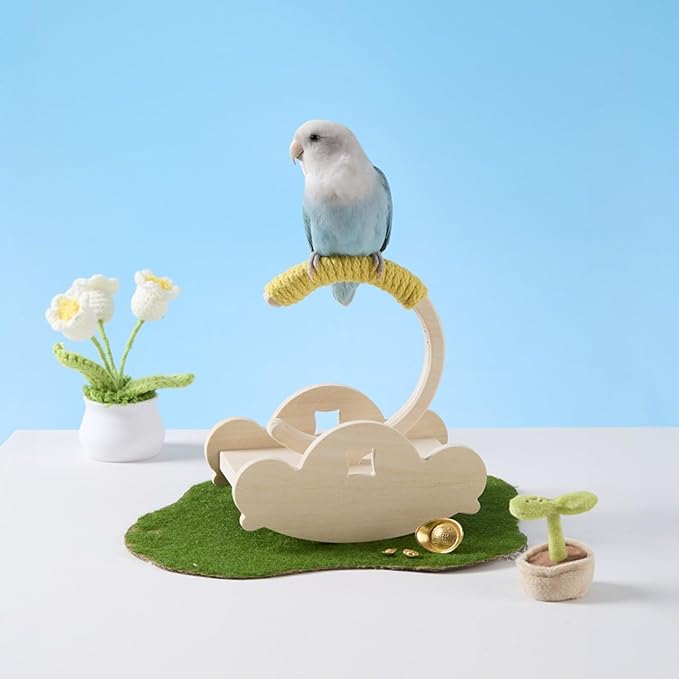 Wooden Bird Perch Stand with Cotton Rope - Enrichment Interactive Spinning Swing Perch for Cockatiels Conures Lovebirds Parrotlets Budgies - Yellow