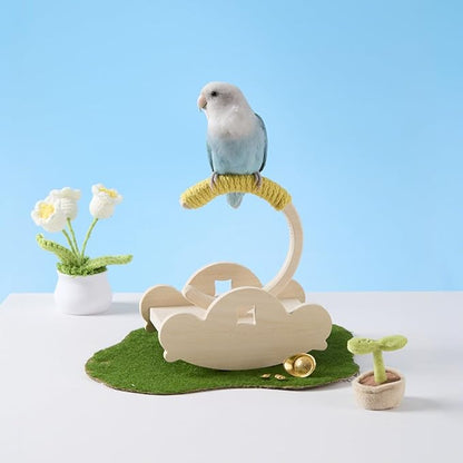 Wooden Bird Perch Stand with Cotton Rope - Enrichment Interactive Spinning Swing Perch for Cockatiels Conures Lovebirds Parrotlets Budgies - Yellow