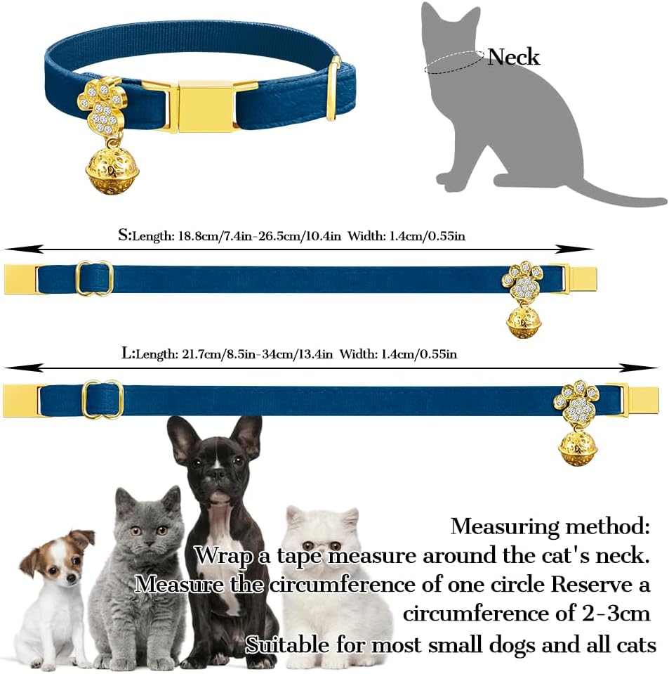 Personalized Breakaway Cat Collars - Magnetic Buckle, Bell - Safety Quick Release, Customized for Girls & Boys Cats- (Velvet-Navy)