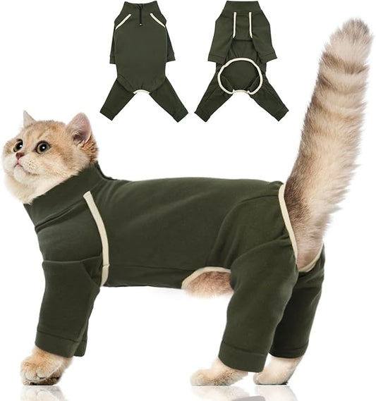 Cat Onesie with Legs - Army Green, XS - Cat Hair Sticky Onesie, Sphynx Cat Clothes, Cat Pajamas for Cats, Recovery Suit for Female Cats, Prevents Hair Loss Kitten Pajamas Costumes Outfits