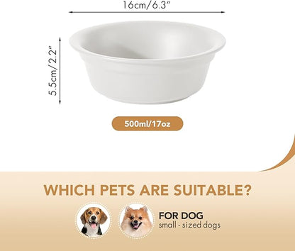 Ceramic 6.3inch Set of 2 Dog Bowls, 2pcs Basic Food and Water Dishes for Small and Medium Dogs, Wide Opening Rounded Edge (2 Bowls, Matt White)