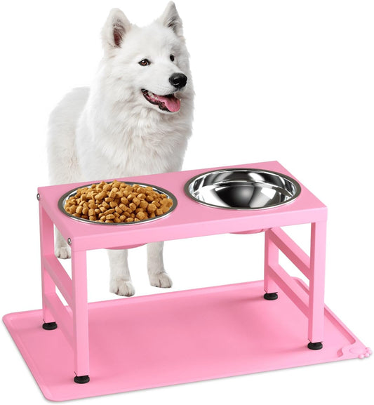 Pink Metal Raised Dog Bowl Stand for Large Dogs, Stronger Elevated Dogs Bowls with Sprill Proof Mat, Food & Water Bowl 10in Tall Feeder (42OZ-Stainless Steel Dog Bowls, Mat-12x19 in)