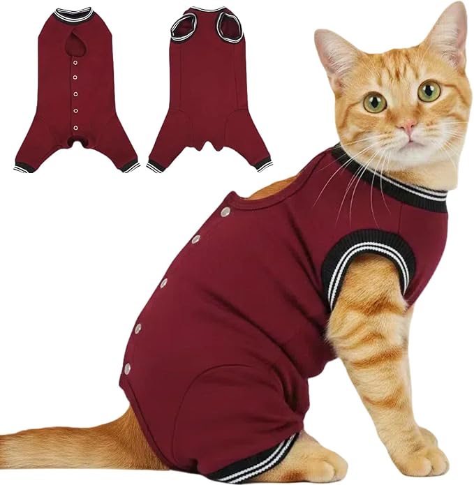 T'CHAQUE Cat Clothes Surgery Recovery Suit for Female Male, Cat Onesie Pet Surgical Pajamas Long Sleeve, Abdominal Wound Healing, E-Collar Alternative, Spay/Neuter Recovery Garment-Burgundy-XL