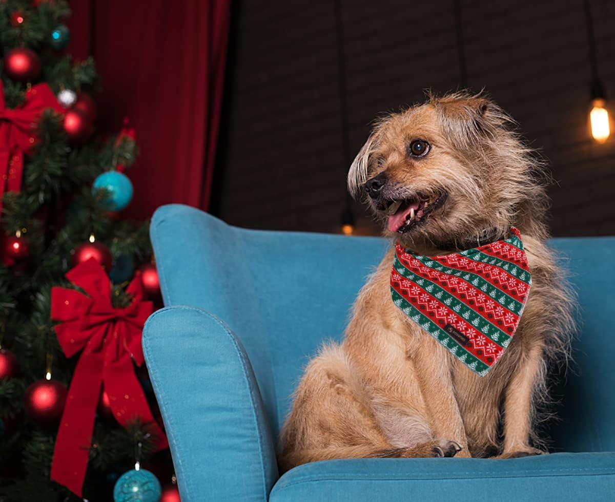 DOGWONG Christmas Dog Bandana, Cotton Washable Soft Dog Scarf Red Green Strip Christmas Tree Dog Bib Scarf Boy Girl Bandana Square Adjustable Dog Bandanas for Small Medium Large Dogs
