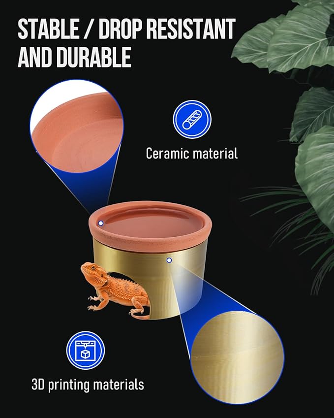 Reptile Water Bowl with Cooling System, Terracotta and 3D Printed Plastic, Climbing Pet Habitat for Lizards and Small Reptiles Shelter