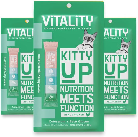 Kitty Up Lickable Cat Treats - Vitality Chicken Puree Squeeze Tubes with Lysine, Taurine & Beta Glucan | Immune Support for Indoor Cats (12 Pack)