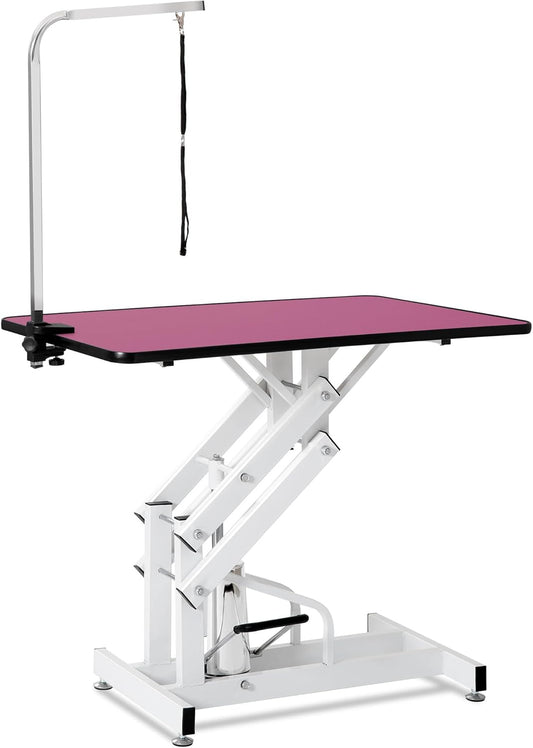 42.5" Hydraulic Dog Grooming Table for Large Dogs Heavy Duty Height Adjustable Dog Grooming Table with Overhead Arm & Noose Height Range 21-36 inch Pink