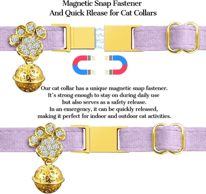 Personalized Breakaway Cat Collars - Magnetic Buckle, Bell - Safety Quick Release, Customized for Girls & Boys Cats- (Velvet-Light Purple)