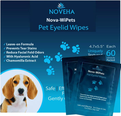 NOVEHA 60PCs - Dog Eye Wipes, Individually Packed Gentle Tear Stain Remover with Hyaluronic Acid, Refreshing Dog Eye Cleaner for Dirt & Discharge Removal