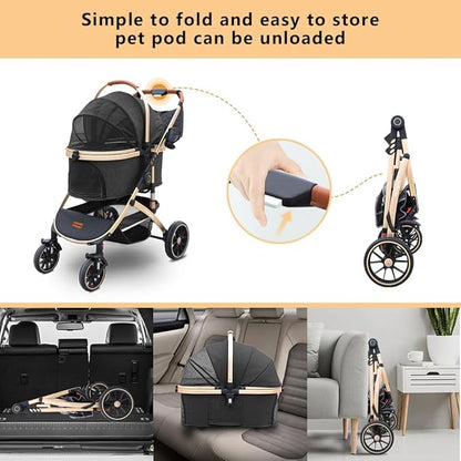 Pettingzoo Dog stroller with 4 Wheels, Folding Cat Stroller for Small/Medium/Large dogs & cats to 60 lbs, pet stroller with removable carrier, Storage Basket,Cup Holder,3 in1 Multifunctiona Detachable