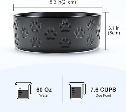 SPUNKYJUNKY Ceramic Dog Bowls 2 Pack, 8.3'' Dog Food Water Double Feeding Bowls Non-Slip for Medium to Large Sized Breed Microwave Dishwasher Safe - 60 OZ, 2pcs, Paw Black
