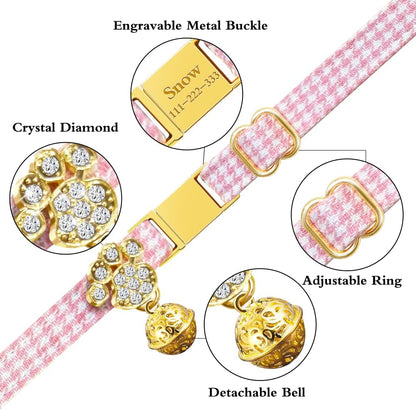 Personalized Breakaway Cat Collars - Magnetic Buckle, Bell - Safety Quick Release, Customized for Girls & Boys Cats- (Houndstooth-Pink)