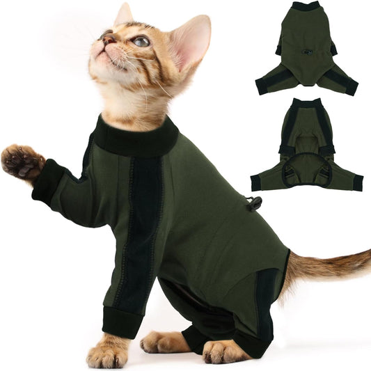 Cat Pajamas for Cats Only, Sticky Hair Cat Clothes, Long Sleeve Sphynx Clothes, Anti-Licking or Skin Disease Recovery Suit for Female Cats, Kitten Onesie Pajamas, ArmyGreen, M