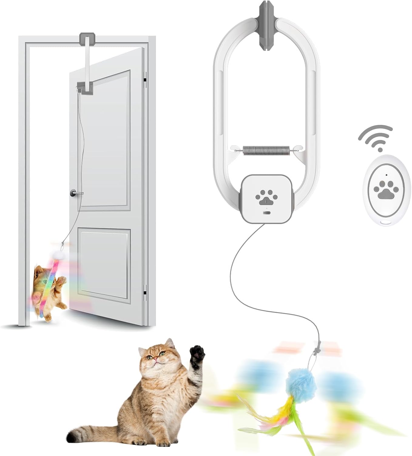 Rechargeable Electric Cat Teaser with Remote – Interactive Door Clip Toy for Cats, 2 Motion Modes (360° Spin & Irregular Jumping), Smart Auto Cat Toy for Exercise & Fun (Gray)