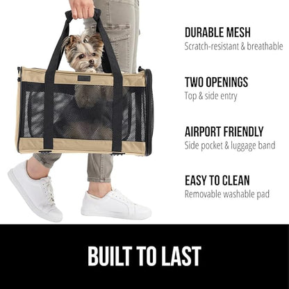 GORILLA GRIP Cat Carrier Travel Bag Up to 15 Lbs, Soft Collapsible Small Dog Carriers, Top and Side Entry Breathable Mesh, Grip Feet on Underside, Cozy Washable Waterproof Pad, Portable Kennel, Beige