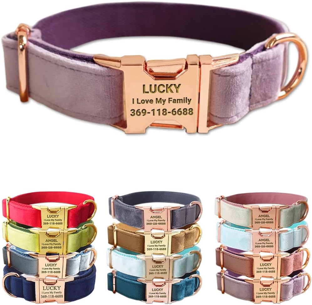 PETDURO Personalized Dog Collar Lavender Soft Velvet for Large Medium Small Boy Girl Dogs - Custom Collar with Name Phone Engraved on Rose Gold Metal Buckle - Add Leash Bow Set via Customize Now