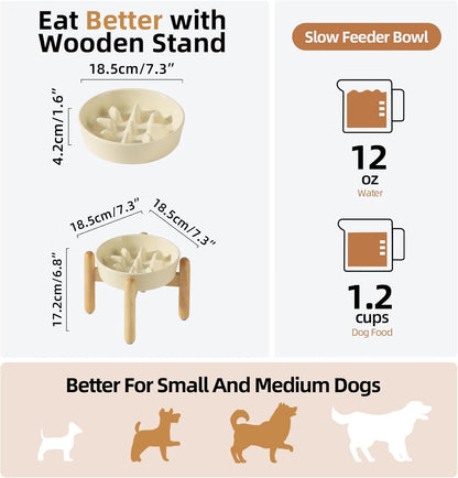 Ceramic 1.2 Cup Dog Raised Slow Feeder Set, Elevated Bowl with Wooden Stand for Medium and Small Dog, 7.3inch Slow Feeder Dish for Fast Easters (Beige, Single Bowl+ Stand)