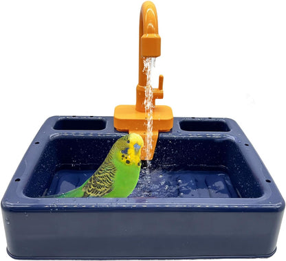 kathson Parrot Bathtub,Automatic Bird Shower Box,Multifunctional Parakeet Bathtub with Faucet,Bird Bathing Tub Pool Toy for Small Medium Birds Cockatiel Lovebird Budgie（Sapphire Blue）