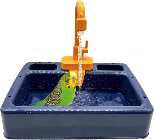 kathson Parrot Bathtub,Automatic Bird Shower Box,Multifunctional Parakeet Bathtub with Faucet,Bird Bathing Tub Pool Toy for Small Medium Birds Cockatiel Lovebird Budgie（Sapphire Blue）