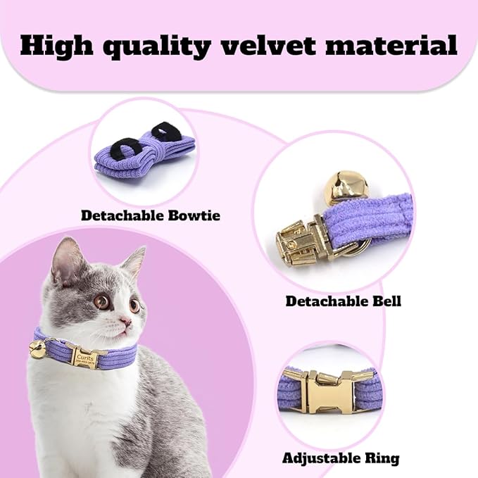 Personalized Cat Collar with Pet Name Phone Number Engraved Metal Buckle Personalized Adjustable Velvet Cat ID Collars with Bell for Kids and