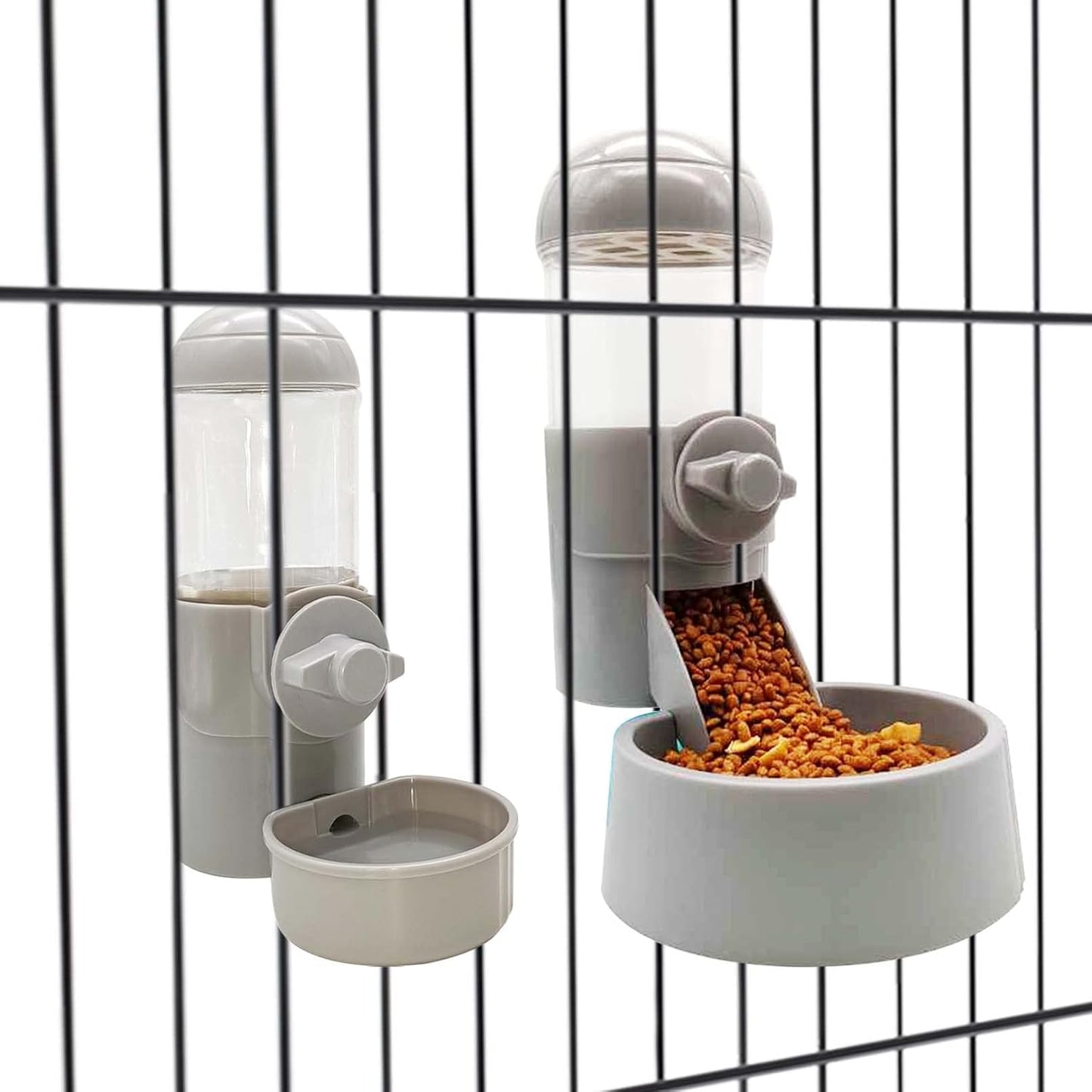 Tfwadmx Rabbit Hanging Auto Food Water Dispenser Pet Cage Suspended Food Water Bowl Chinchilla Gravity Detachable Feeder Waterer Set for Puppy Kitten Bunny Ferrets Guinea Pig (Gray)