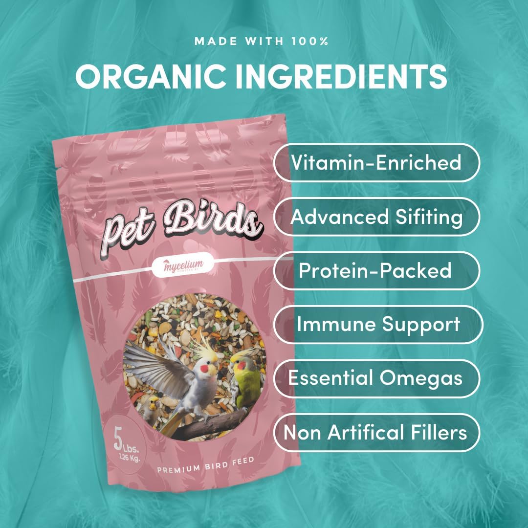 Mycelium Large Pet Bird Food | Clean & Safe Bird Seed Mix for Macaws, Cockatoos, Parrots | High in Protein & Fat with Egg, Corn, Vitamins, Peanuts & Hemp Seed | Organic & Non-GMO 5 lb Bag