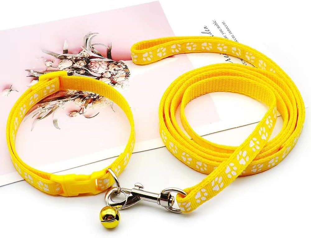 Yellow Small Dog Collar with Bell Leash Set, Nylon Basic Reflective Puppy Collars Paw Print for Boy Girls XXS Xs S Cat Pet Animal Litter Tiny Kitten