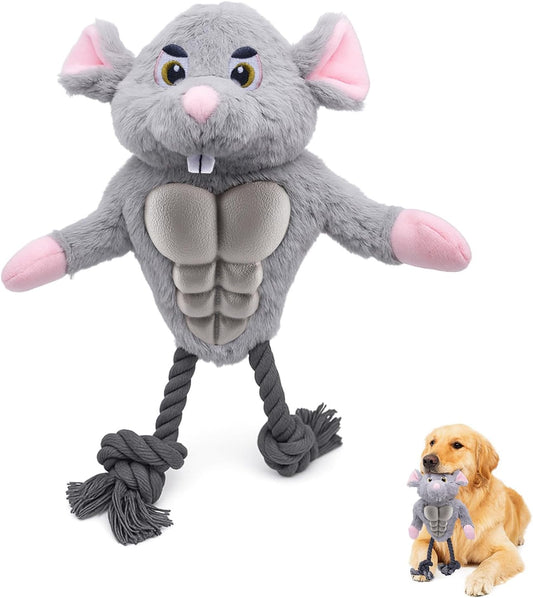Funny Muscle Mouse Dog Toy – Plush Rat with Squeaky Rubber Chest & Rope Legs, Durable Interactive Chew Toy for Medium & Large Dogs, Cute Stuffed Animal for Tug, Fetch & Dental Play
