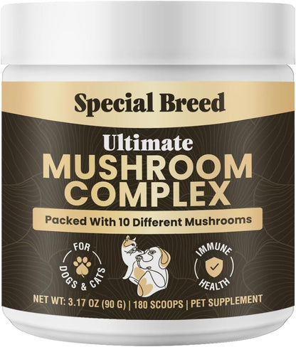 Mushroom Powder for Dogs & Cats - Organic Mushroom Complex for Immune Support, Cognition, Vitality - Ten Mushroom Supplement with Turkey Tail, Lion's Mane, Reishi - 180 Scoops