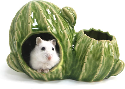 Ceramic Hamster Hideout, Dwarf Hamster House with Double Doors Syrian Hamster Hut Hideout Habitat Decor, Anti Bite Hideaway House Cave for Mice Gerbil (Large, Green)