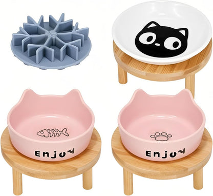 3PCS Elevated Cat Bowls,Wide Raised Ceramic Pet Dishes with Bamboo Stand, Whisker Friendly Pet Water or Food Plates Feeding Station for Indoor Small Dogs, Kitten (Pink(3PCS))