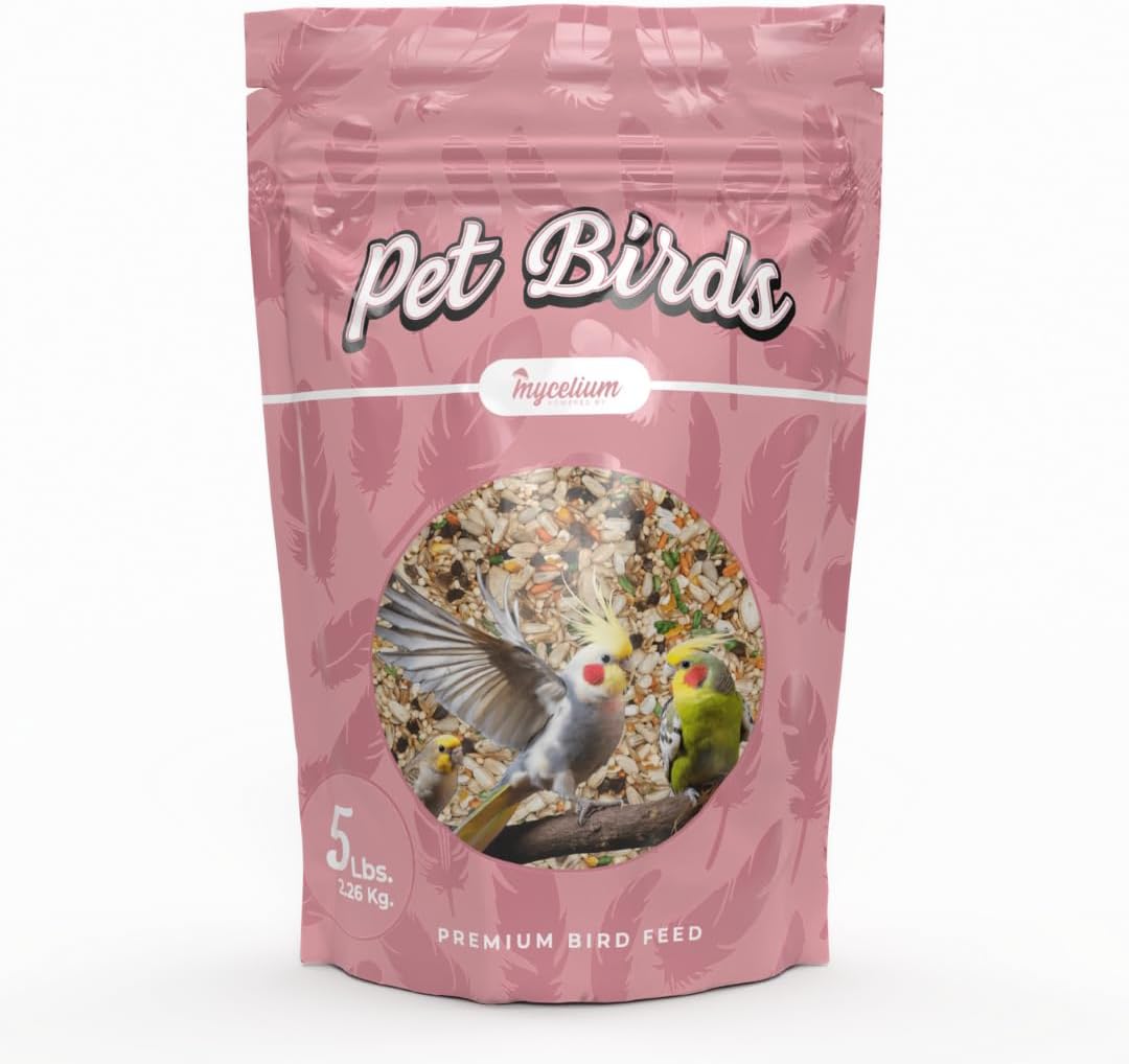 Mycelium Small Pet Bird Plus | Bird Seed for Cockatiels, Parrots, Lovebirds | Organic Mix with Vitamins, Egg, Oyster Shell, Pumpkin & Safflower | Supports Digestion & Feather Health | 5 lb Bag