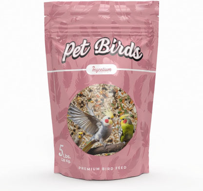 Mycelium Small Pet Bird Plus | Bird Seed for Cockatiels, Parrots, Lovebirds | Organic Mix with Vitamins, Egg, Oyster Shell, Pumpkin & Safflower | Supports Digestion & Feather Health | 5 lb Bag