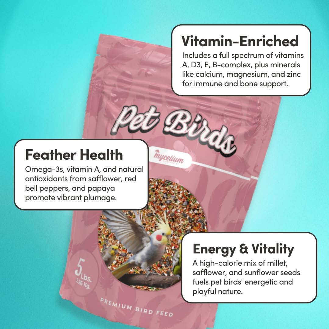 Mycelium Pet Bird Harvest Blend Bird Seed | Organic Food for Cockatiels, Lovebirds & Conures | Fruits, Vegetables, Egg, Vitamins & Minerals | Supports Feather & Digestive Health | 5 lb Bag