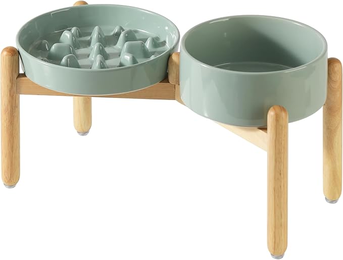 Ceramic Raised Slow Feeder Dog Bowl Set, Elevated 8.2inch Bowl and 9.5inch Slow Pet Food Dish with Wooden Stand for Large Dog (2 x Light Green+ Stand)