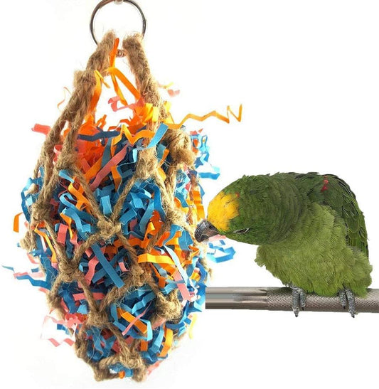 Bird Jute Paper Strips Parrot Mesh Bag Hanging Chewing Toy for Parakeet Cockatiel Conure Cockatoo African Grey Macaw
