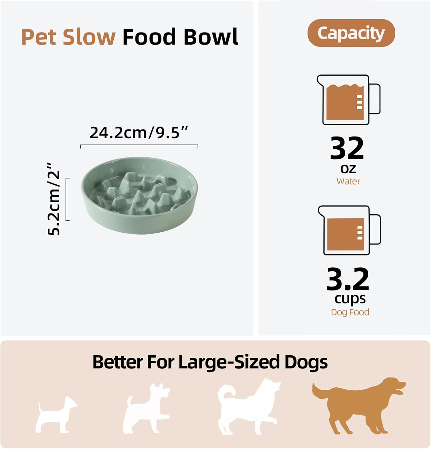 Ceramic 3.2 Cup Dog Bowl Slow Feeder, 9.5 inch Slow Pet Food Dish for Large Dog, Stop Bloat, Preventing Choking(Single Bowl,Light Green)