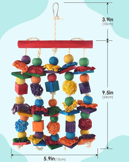 Bird Toys, 2PCS Parrot Foraging Hanging Toy, Multicolored Natural Wooden Blocks Parakeet Chewing Toys mit Rattan Wicker Balls, for Medium Small Cockatoos Budgie Lovebird Cockatiel Conure