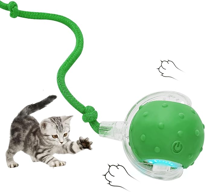 Electric Interactive Cat Toy Ball - Automatic Rolling Silicone Cat Toys for Indoor Cats, Durable Chew-Proof Motorized Kitty Ball with LED Light, Fun Exercise Toys for Bored Kittens（Green）