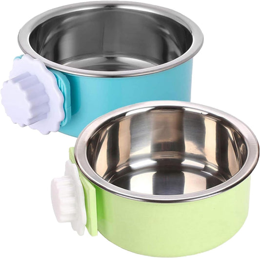 kathson Crate Dog Bowl 2pcs, Removable Stainless Steel Hanging Pet Kennel Cage Bowl Food & Water Feeder Coop Cup for Puppy, Cat, Rabbit, Guinea Pigs (2 PCS, Size: L, Blue and Green)