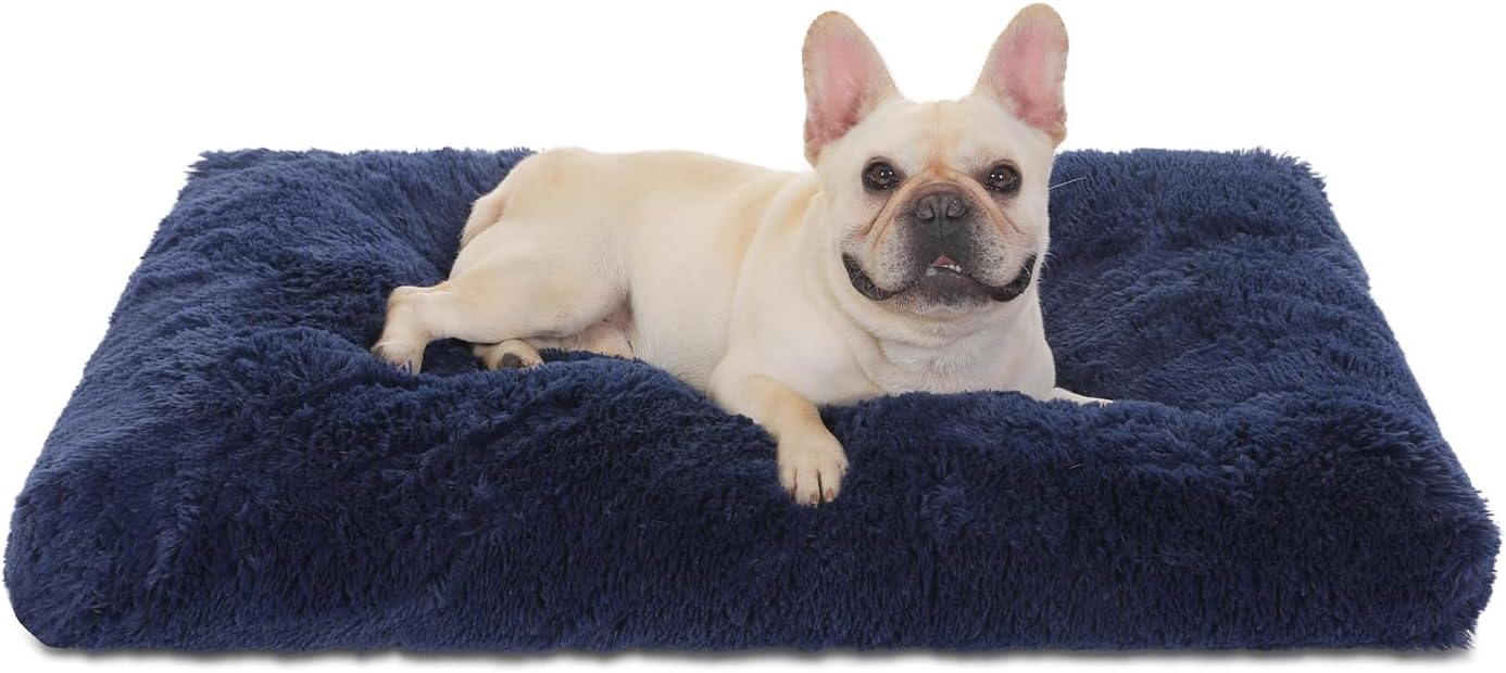 Bedfolks Plush Dog Crate Pad, Washable Dog Kennel Bed 29"x21", Solid Dark Blue