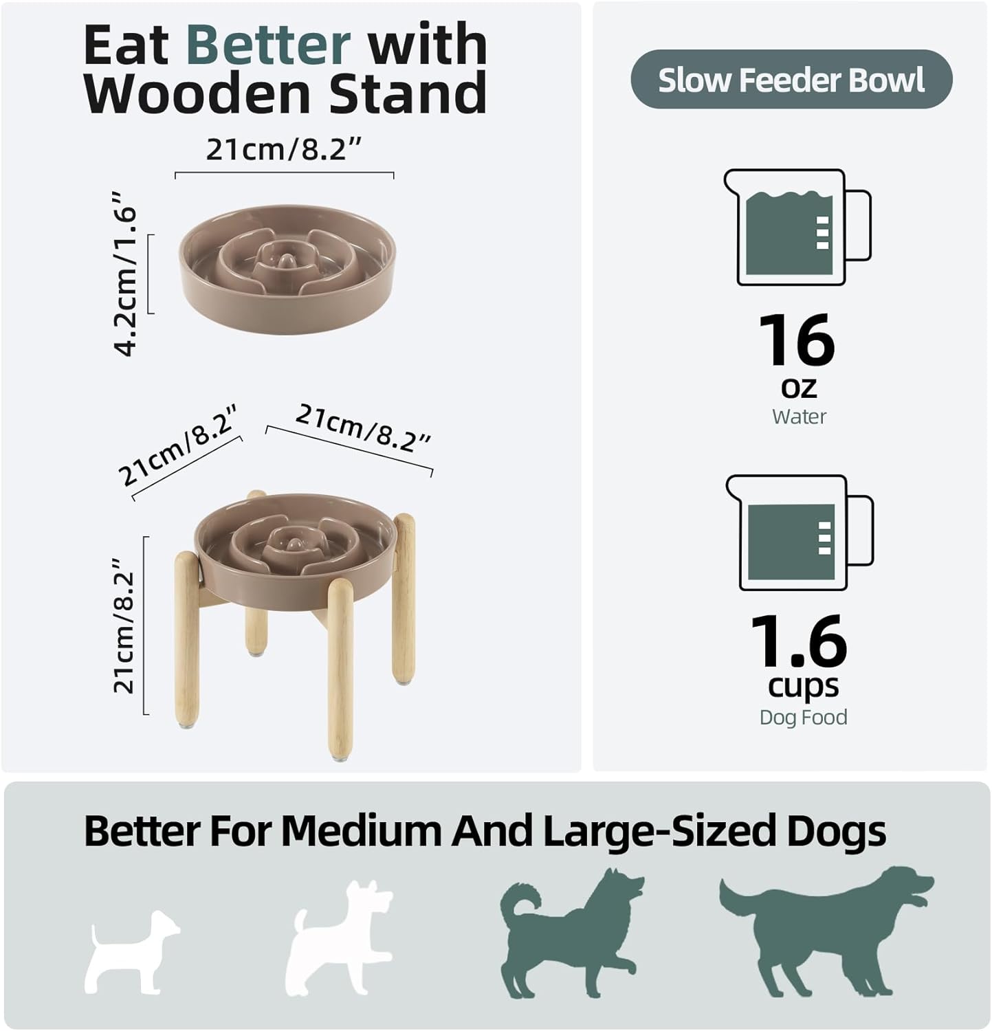 Ceramic 1.6 Cup Raised Slow Feeder Dog Bowl Set, Elevated Wooden Stand for Medium and Large Dog, 8.2inch Puzzle Slow Dish, Anti-Gulping(Brown Coffee, Single Bowl+ Stand)