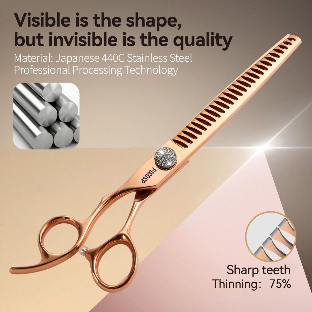 Left Handed Professional Chunkers Dog Grooming Scissors 7.5'' Rose Gold Titanium Thinning Shears for Large Dogs Poodle Pet Grooming Shears Japanese 440C 70% Thinning Rate 26 Teeth(7.5,Chunker)