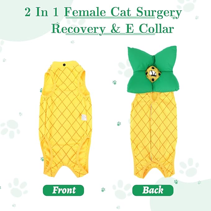 EMUST 2PCS Cat Recovery Suit & Cat Cone Collar Female, Soft & Adjustable Dog Surgery Suit Female Spay for Abdominal Wounds, Cotton Cone for Cats to Stop Licking for Small Female Pets 8-16lb, Yellow, L