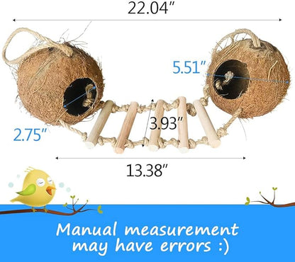 Bird Hides Coconut Nest with Wood Ladder,Syrian Hamster Cage Hanging Natural Coco Shell Hut Hide Toy with Wooden Bridge,Hollow Hideaway Toys for Small Animal Rat Lovebird Finches
